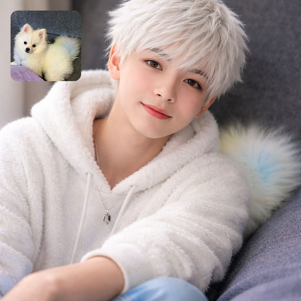 A fluffy white Pomeranian puppy lounges comfortably on a textured gray couch with a soft purple quilt in the foreground, looking adorably curious and slightly tilted head, radiating pure cuteness and cozy vibes.