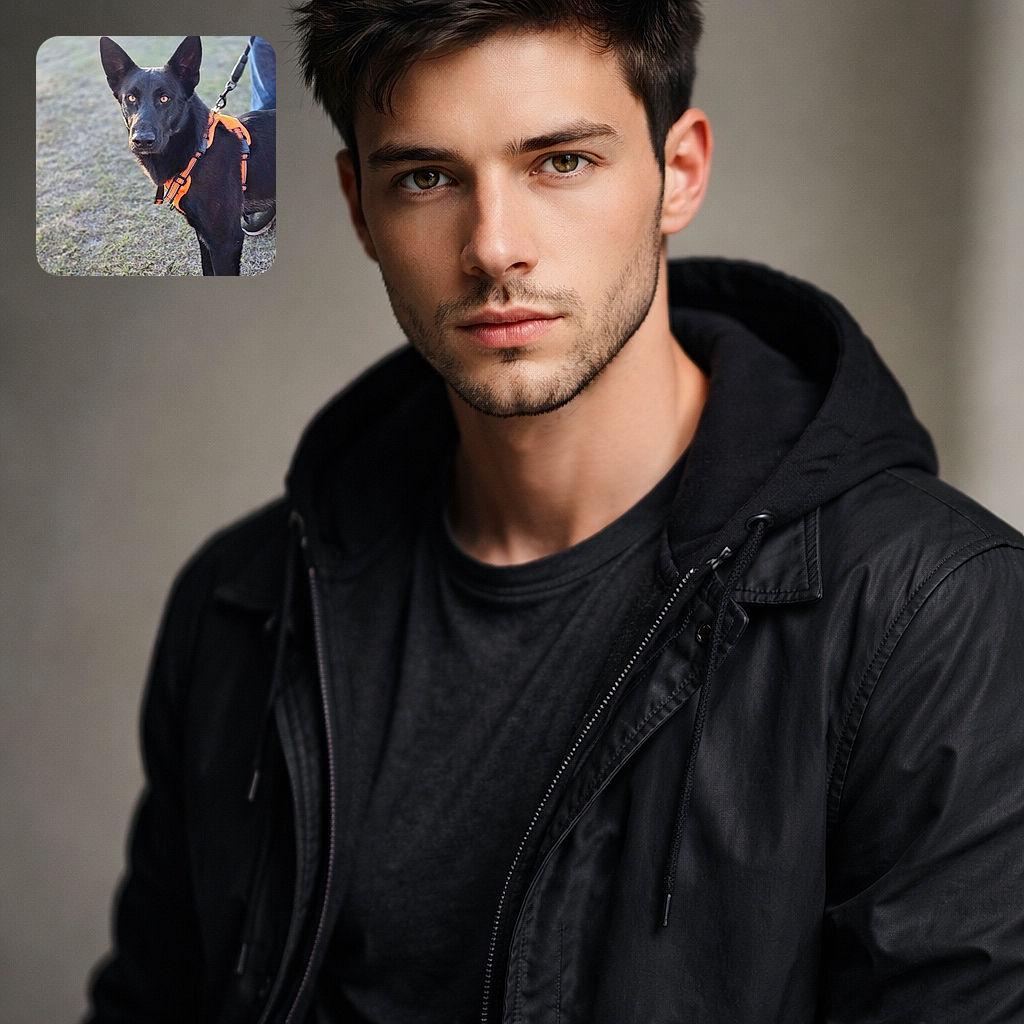 A striking black dog in an orange harness stares straight at the camera with piercing amber eyes and giant alert ears — part model, part neighborhood watch. The background is softly blurred so all attention goes to this po-faced pupper, who looks like they just heard the word 'treat' or 'squirrel'. A human's leg and leash peek in, clearly the dog's PR manager.