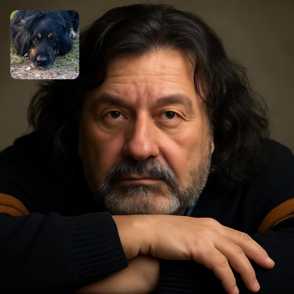 A close-up photo of a large black and brown dog lying down on a patch of grass and dirt, looking directly at the camera with soulful eyes, capturing a peaceful and contemplative moment.