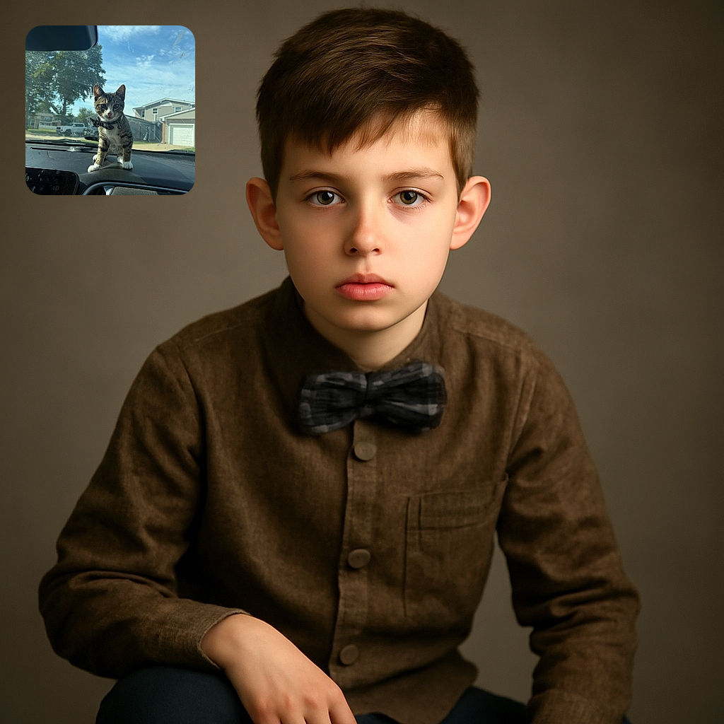 A curious kitten with a bow tie stands confidently on a car dashboard, looking straight at the camera through a slightly dirty windshield with a sunny suburban neighborhood in the background.