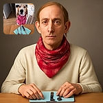 A patient dog wearing a red plaid scarf sits at a wooden table set with a knife, fork, and spoon on a turquoise napkin, looking eagerly as if waiting for a meal in a cozy home setting.