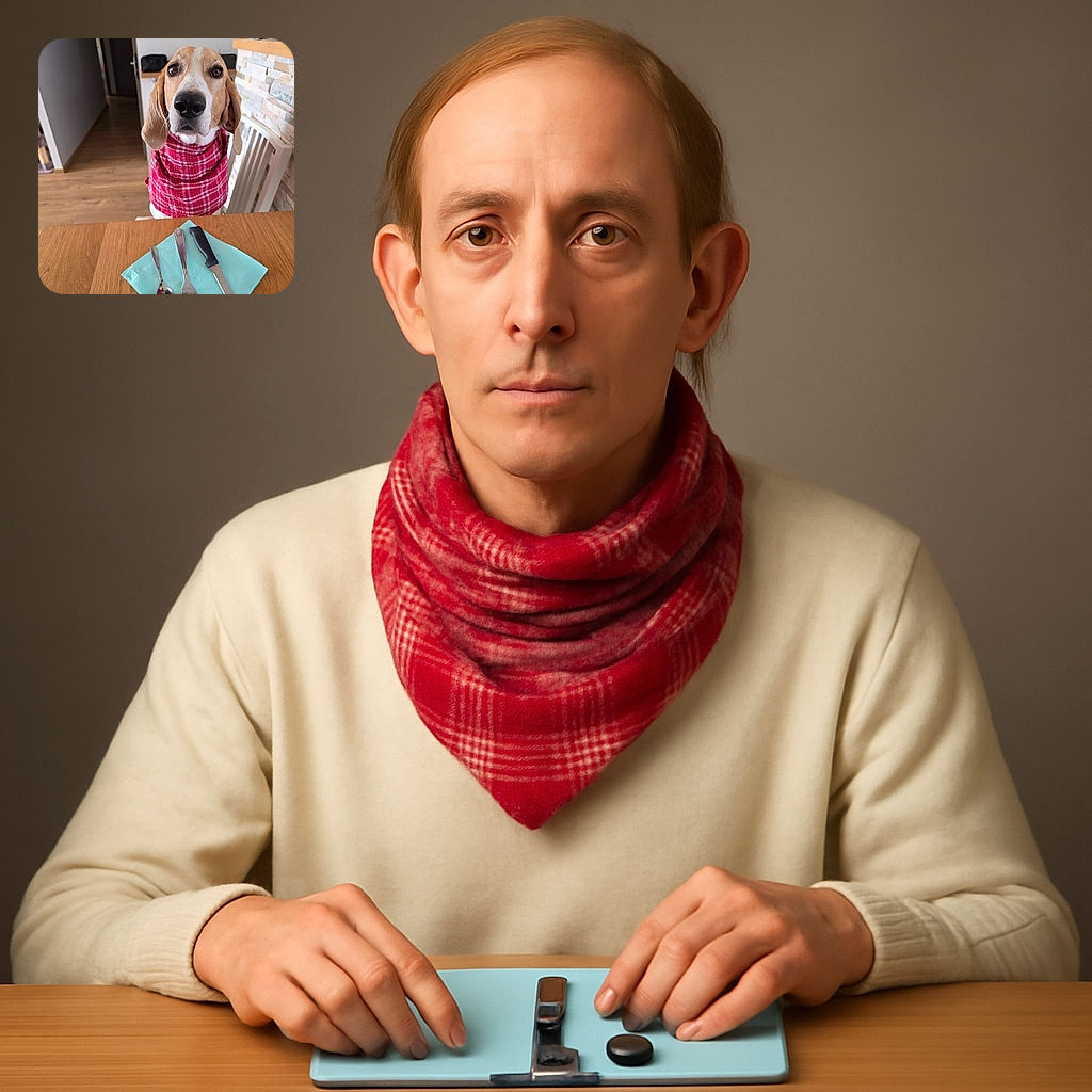 A patient dog wearing a red plaid scarf sits at a wooden table set with a knife, fork, and spoon on a turquoise napkin, looking eagerly as if waiting for a meal in a cozy home setting.
