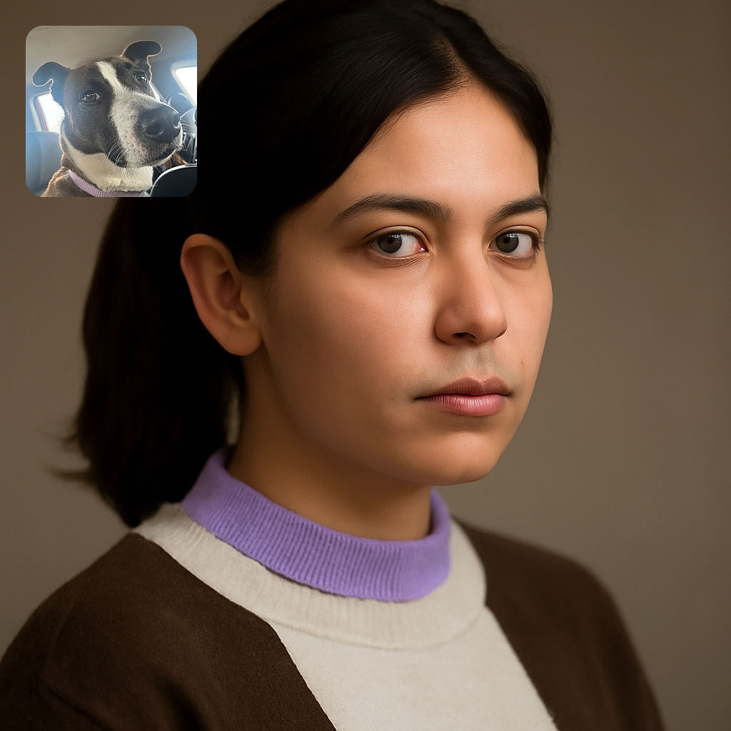 A close-up photo of an attentive dog wearing a purple collar, sitting inside a car with soft natural light coming through the windows, capturing the dog's soulful eyes and curious expression.