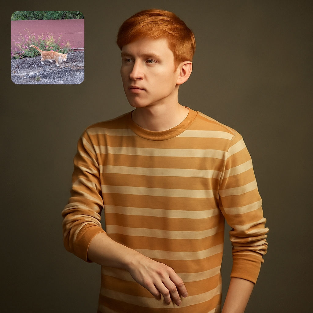 A slightly blurry photo of an orange tabby cat walking on a rough concrete surface with some pink flowers and greenery in the background against a reddish wall.