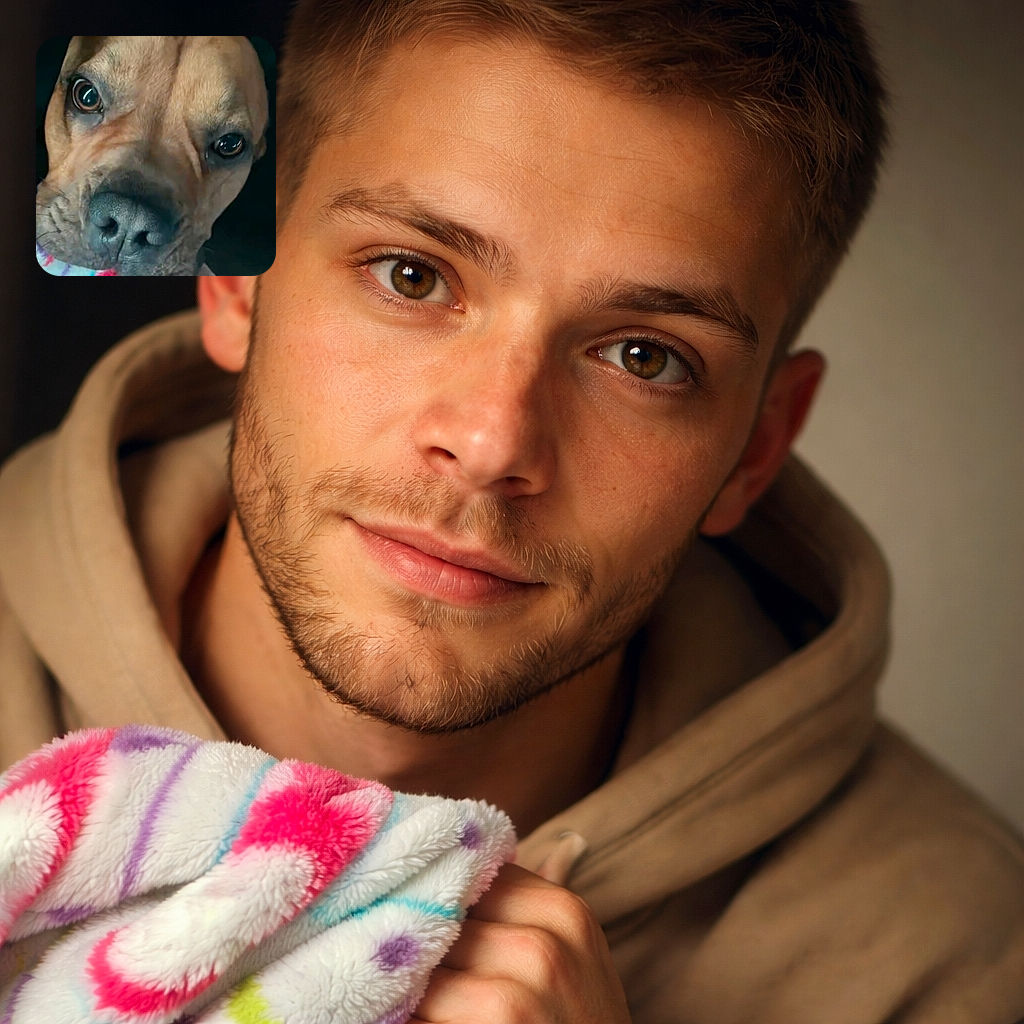 An extreme close-up of a brown dog whose nose has claimed the spotlight — soulful, pleading eyes stare straight at the camera while a colorful blanket and a human hand peek in below. Seems to be negotiating treats with nothing but charm and a very persuasive snout.