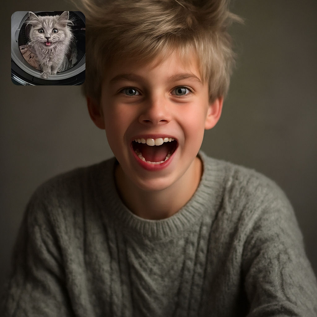 A fluffy gray kitten with wide, curious eyes and a slightly open mouth, as if caught mid-meow, peeks out from inside a washing machine drum surrounded by laundry.