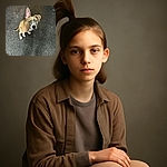 A curious dog with one ear perked up and the other flopped down sits on a textured carpet, looking up with soulful eyes that could melt anyone's heart. The background is a bit cluttered but the dog's expression steals the spotlight.