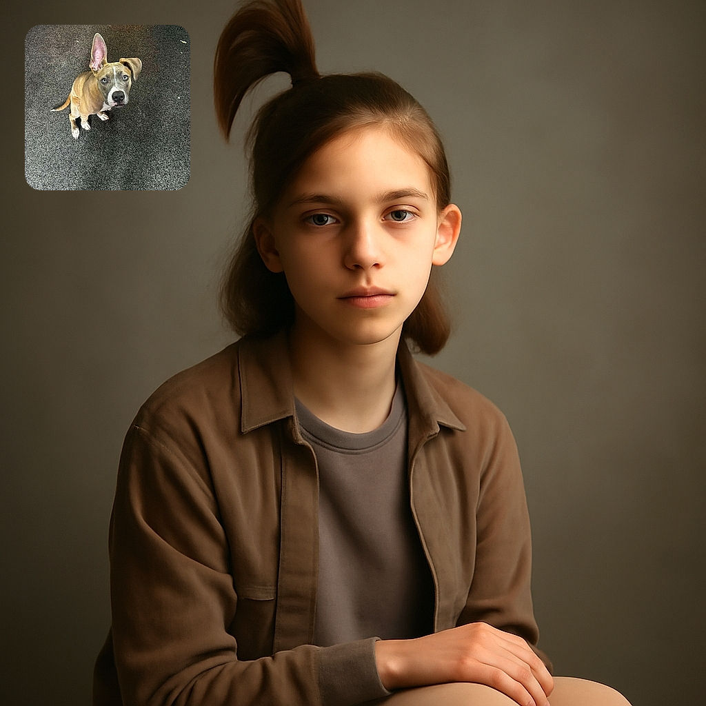 A curious dog with one ear perked up and the other flopped down sits on a textured carpet, looking up with soulful eyes that could melt anyone's heart. The background is a bit cluttered but the dog's expression steals the spotlight.