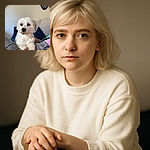 A fluffy white dog with slightly reddish paws lounges comfortably on a person's lap, who is wearing gray jeans and a pink shirt. The background features a dartboard on a plain wall and a blue cushion on a couch, creating a cozy indoor scene.
