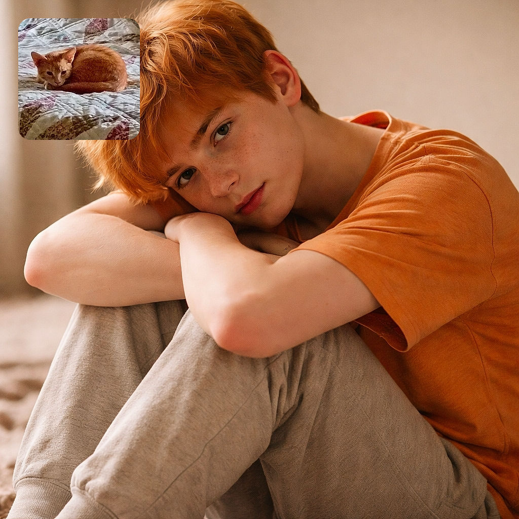A sleepy orange cat curled into a perfect loaf on a patchwork quilt, giving the camera a slow, unimpressed stare as if it invented napping. The cozy bed pattern makes the cat look like a tiny cinnamon bun tucked into a vintage blanket.