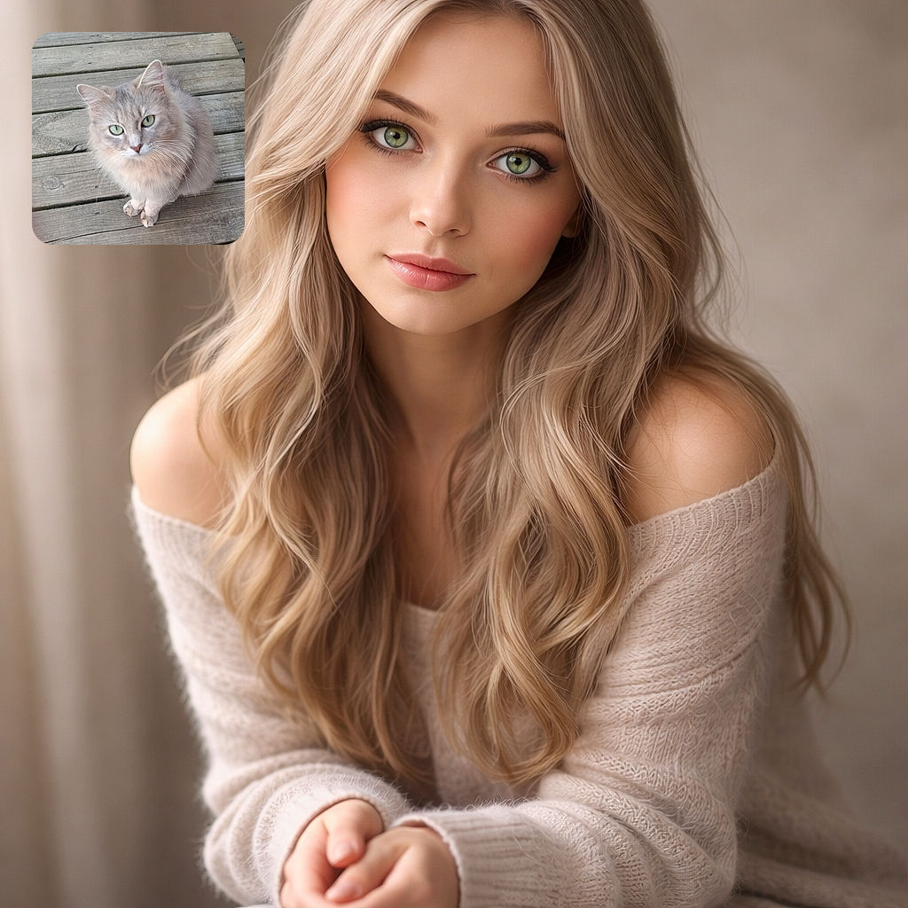 A fluffy long-haired grey cat perches on a weathered wooden deck, staring up with arresting green eyes and whiskers flared — paws neatly tucked like a tiny dignitary requesting treats. The worn wood planks frame the portrait and give the scene a cozy, rustic vibe.