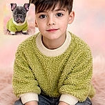 An adorable French Bulldog puppy wearing a cozy green sweater, sitting on a fluffy pink surface with a soft pastel background that makes the pup look like a tiny fashion model ready for a cute photoshoot.