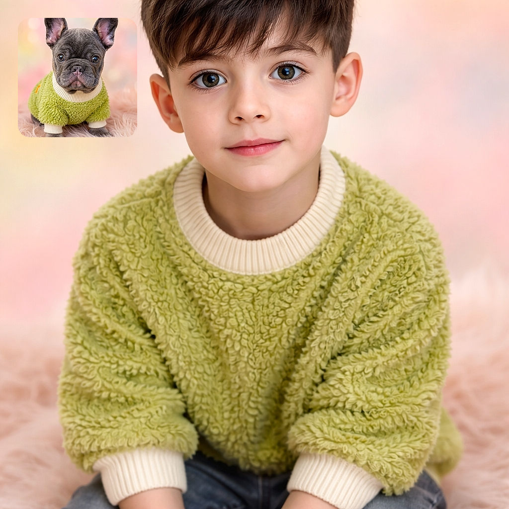 An adorable French Bulldog puppy wearing a cozy green sweater, sitting on a fluffy pink surface with a soft pastel background that makes the pup look like a tiny fashion model ready for a cute photoshoot.