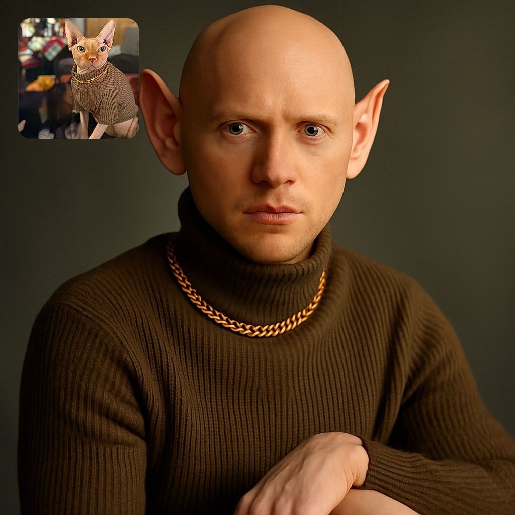 A regal Sphynx cat wearing a cozy brown knit sweater and a gold chain necklace sits poised on a plush blanket, with a softly blurred background featuring homey decor and warm tones.