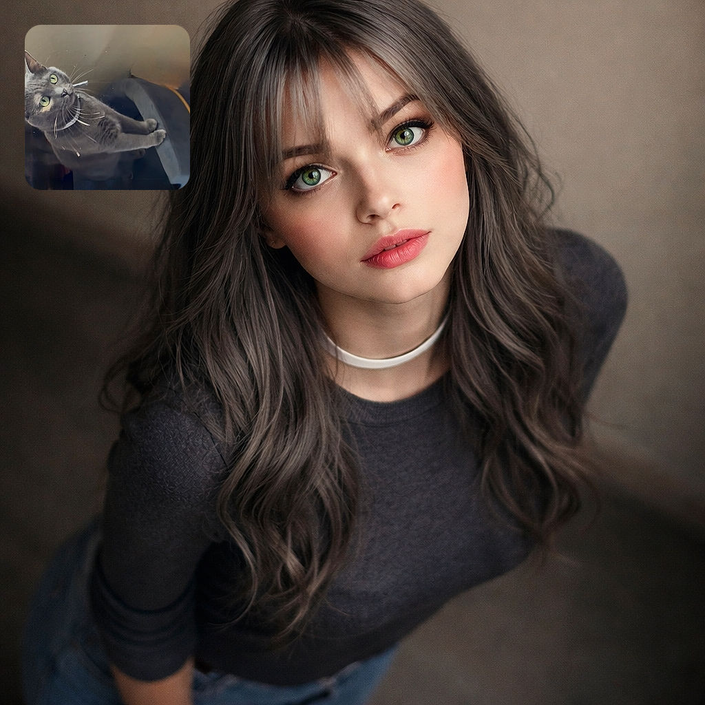 A curious grey cat with neon-green eyes and a jaunty collar leans into the frame like it owns the camera — whiskers splayed, paws perched, and a reflective surface beneath giving the whole scene a dramatic double-take.