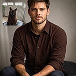 A charming brown cat sits regally on a black leather surface, with a softly lit window and radiator in the background, giving off an air of quiet dignity and curiosity.