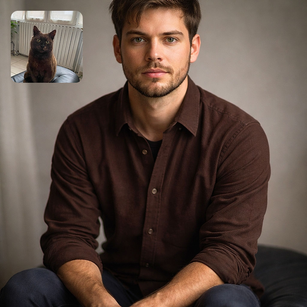 A charming brown cat sits regally on a black leather surface, with a softly lit window and radiator in the background, giving off an air of quiet dignity and curiosity.