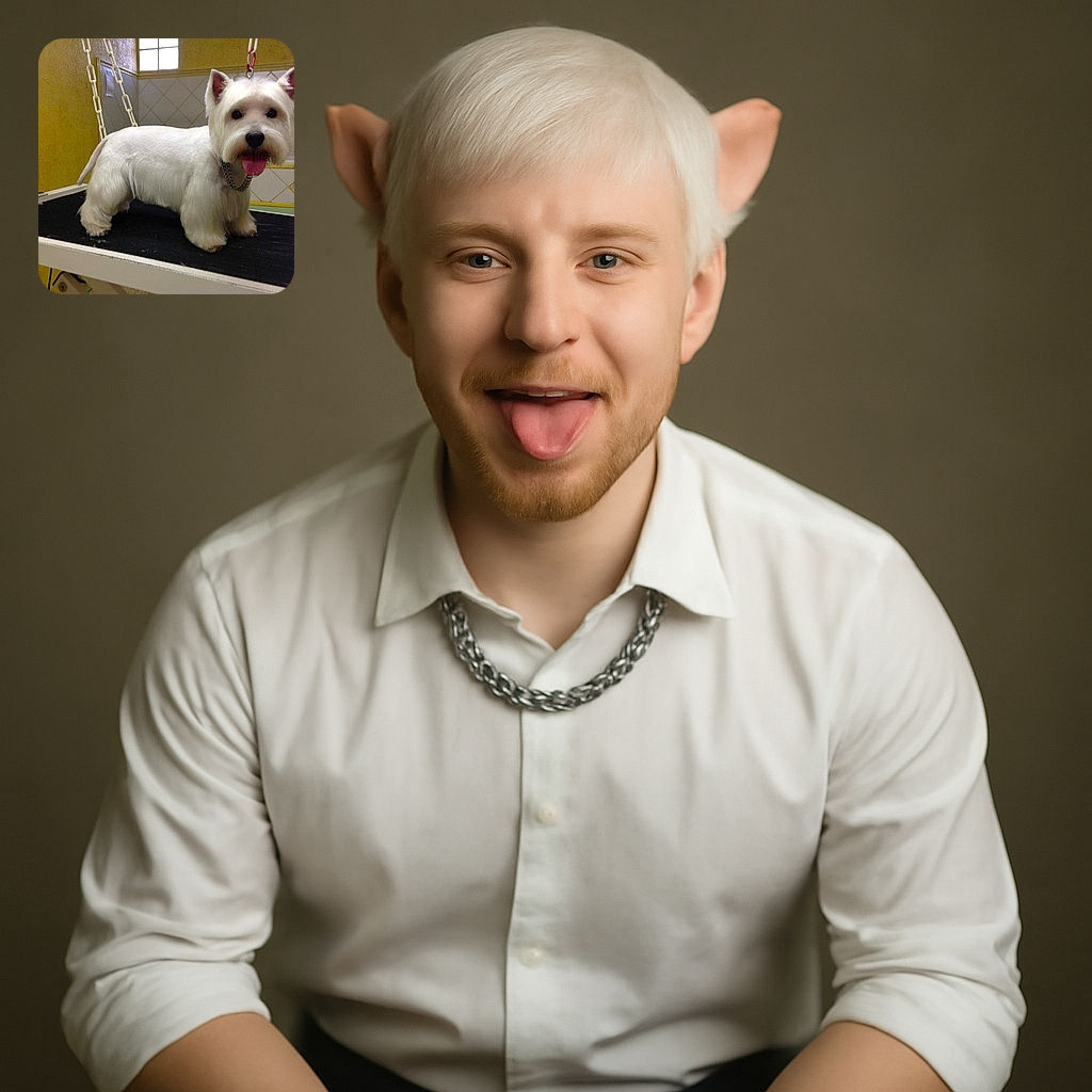 A freshly groomed white dog, possibly a West Highland Terrier, stands on a grooming table with its tongue out, looking cheerful and fluffy against a yellow and tiled background.