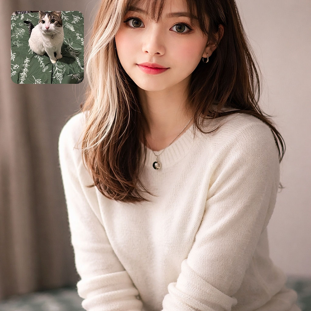 A wide-eyed tuxedo-tabby cat sits primly on a green floral comforter, bell jangling on its collar and whiskers on full alert — looks like it just heard the treat bag. Background shows a bedroom corner with a laundry basket and subtle clutter, while the cat steals the spotlight with a perfect head tilt and adorable stare.
