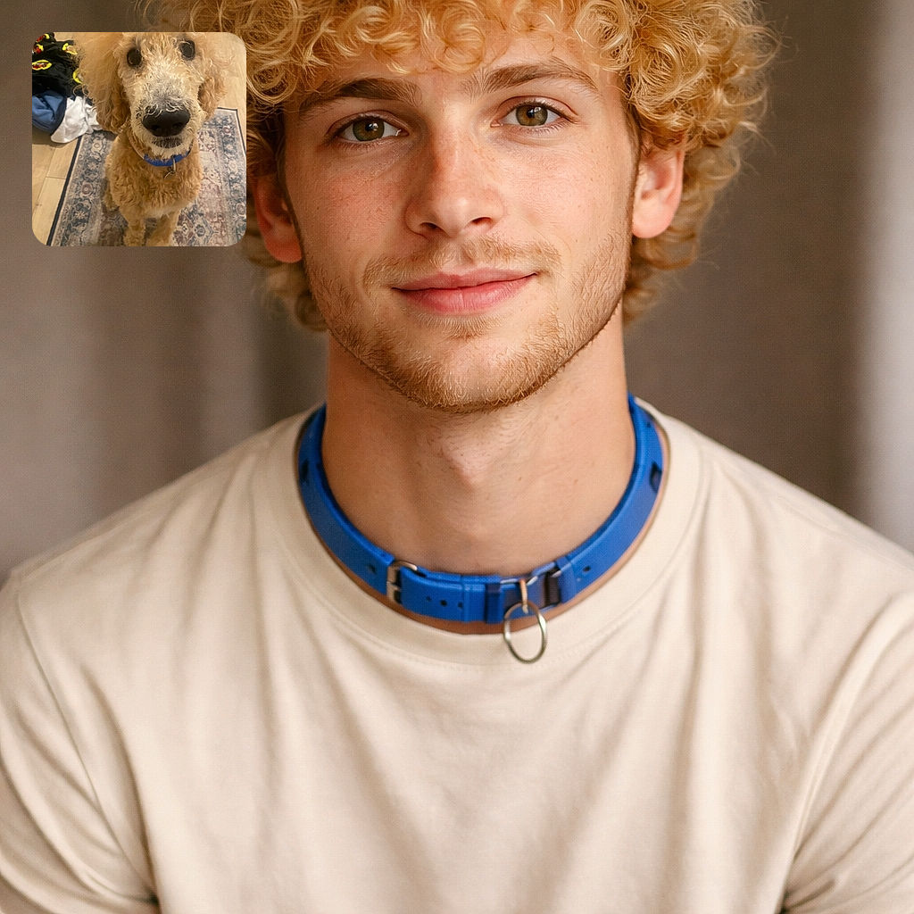 A fluffy, big-nosed doodle stares up with pleading puppy eyes like it's auditioning for treat commercials — its coiffed curls form a halo while a rug and a little pile of laundry provide the documentary-style set dressing.