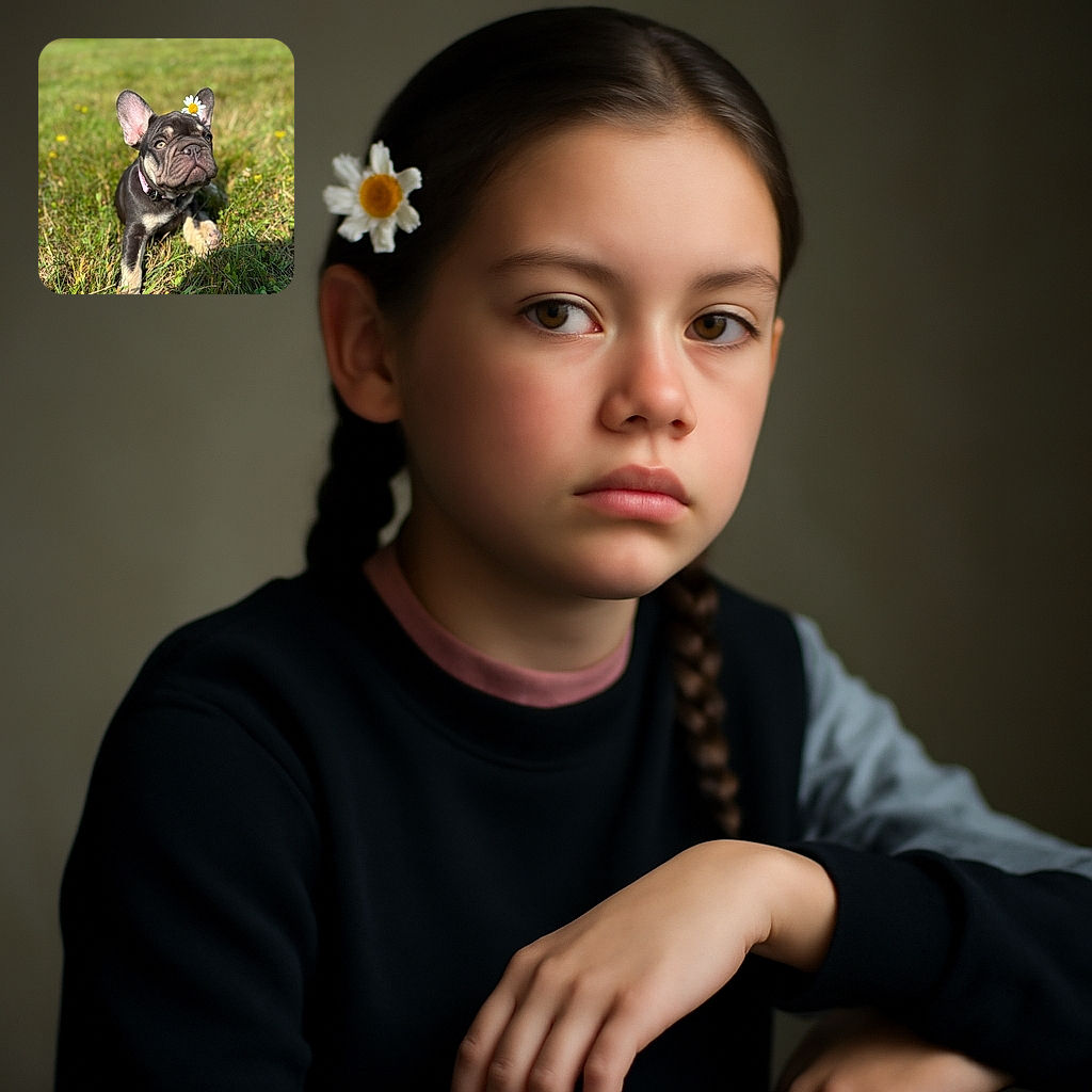 A charming French Bulldog puppy lounges in the grass with a tiny daisy perched adorably on its head, soaking up the sunshine and looking like the cutest flower crown model ever.