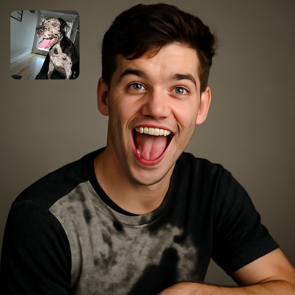 A happy, spotted dog with its tongue out is perched on a couch indoors, with natural light streaming in from a door behind it and a cozy home setting around.