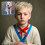 A fluffy white puppy with a curious expression sits on a wooden surface in front of a textured stone wall, wearing a blue harness and a red collar with a bell, looking ready for adventure.