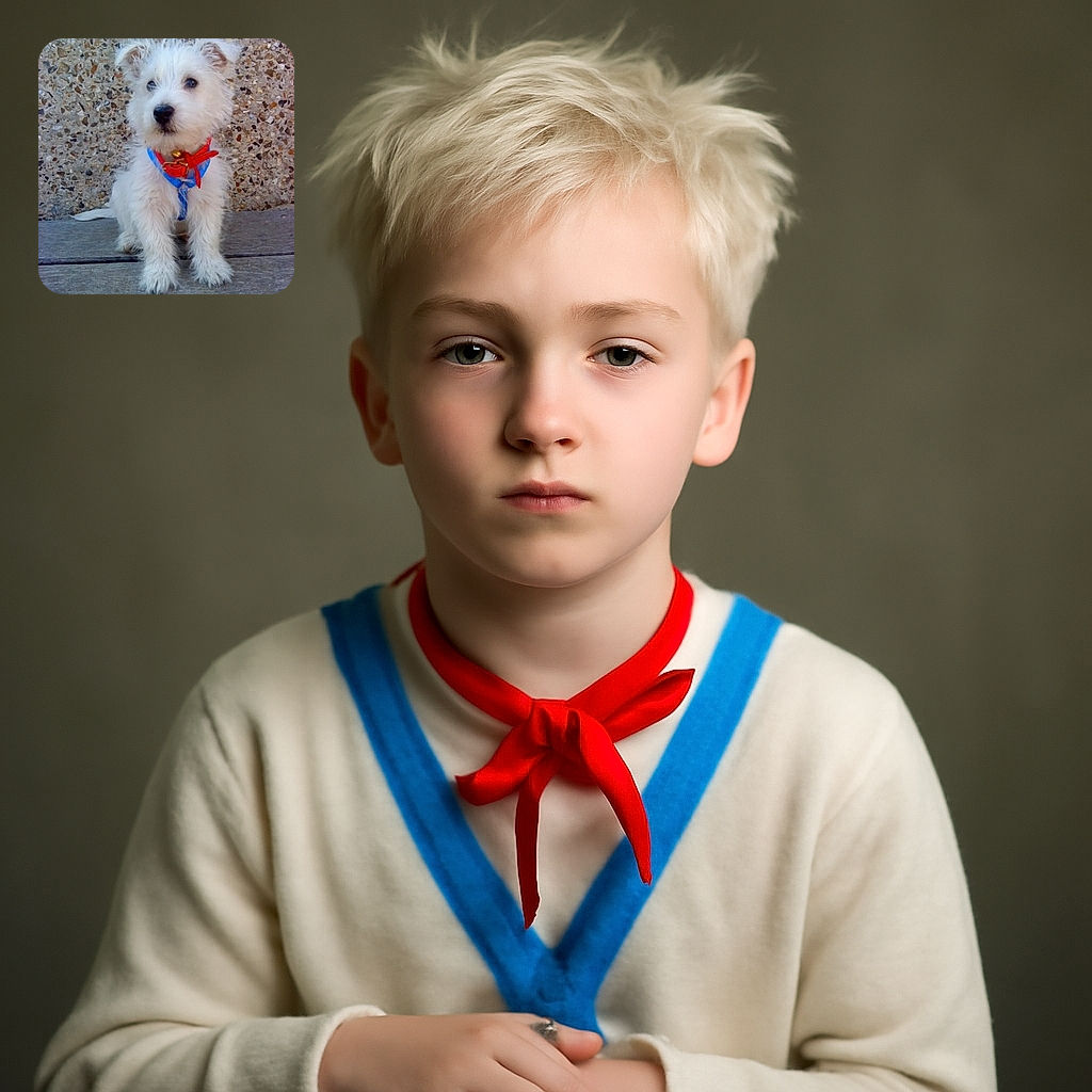 A fluffy white puppy with a curious expression sits on a wooden surface in front of a textured stone wall, wearing a blue harness and a red collar with a bell, looking ready for adventure.