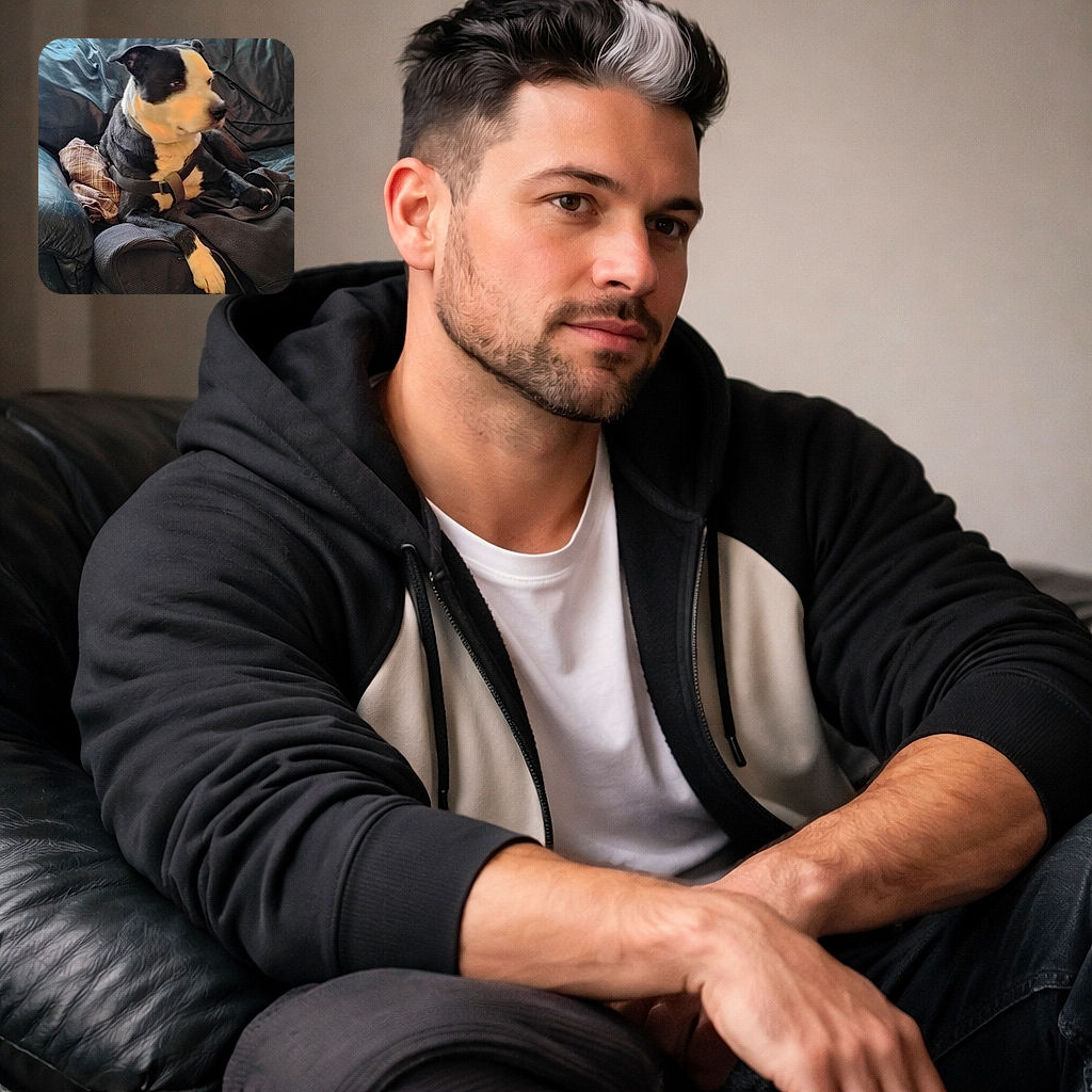 A relaxed black and white dog lounges on a dark leather couch, surrounded by cozy blankets and cushions, looking off to the side with a calm, thoughtful expression.