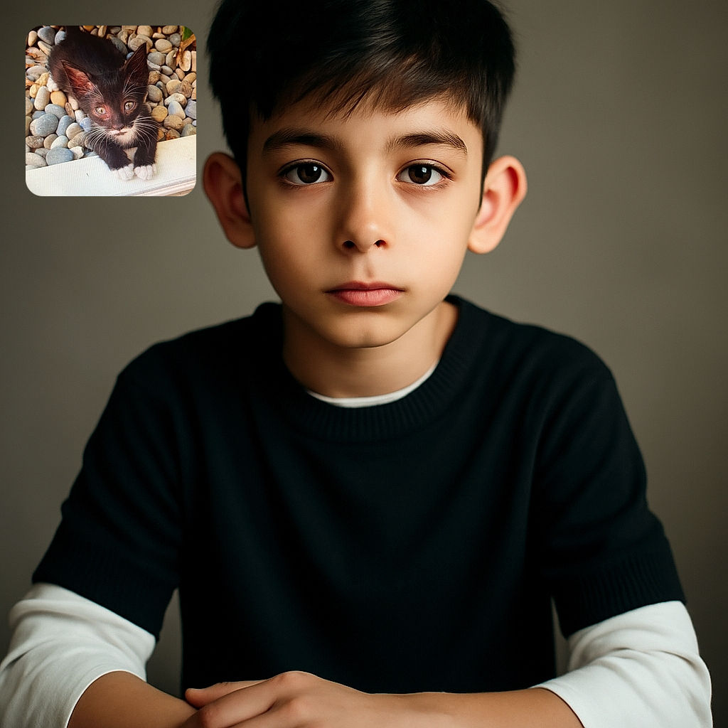 A tiny black and white kitten with big curious eyes is peeking over a ledge, surrounded by smooth garden stones. Its white paws grip the edge like it's mastering the art of climbing, while the background stones add a natural, earthy vibe.