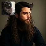 A majestic fluffy black cat named Bandit gazes thoughtfully to the side, sitting on a textured surface near a white wall. The photo has a cozy indoor vibe with soft natural lighting highlighting the cat's luxurious fur. The text overlay 'Mon amour Bandit' with a heart-eyes emoji adds a loving and personal touch.