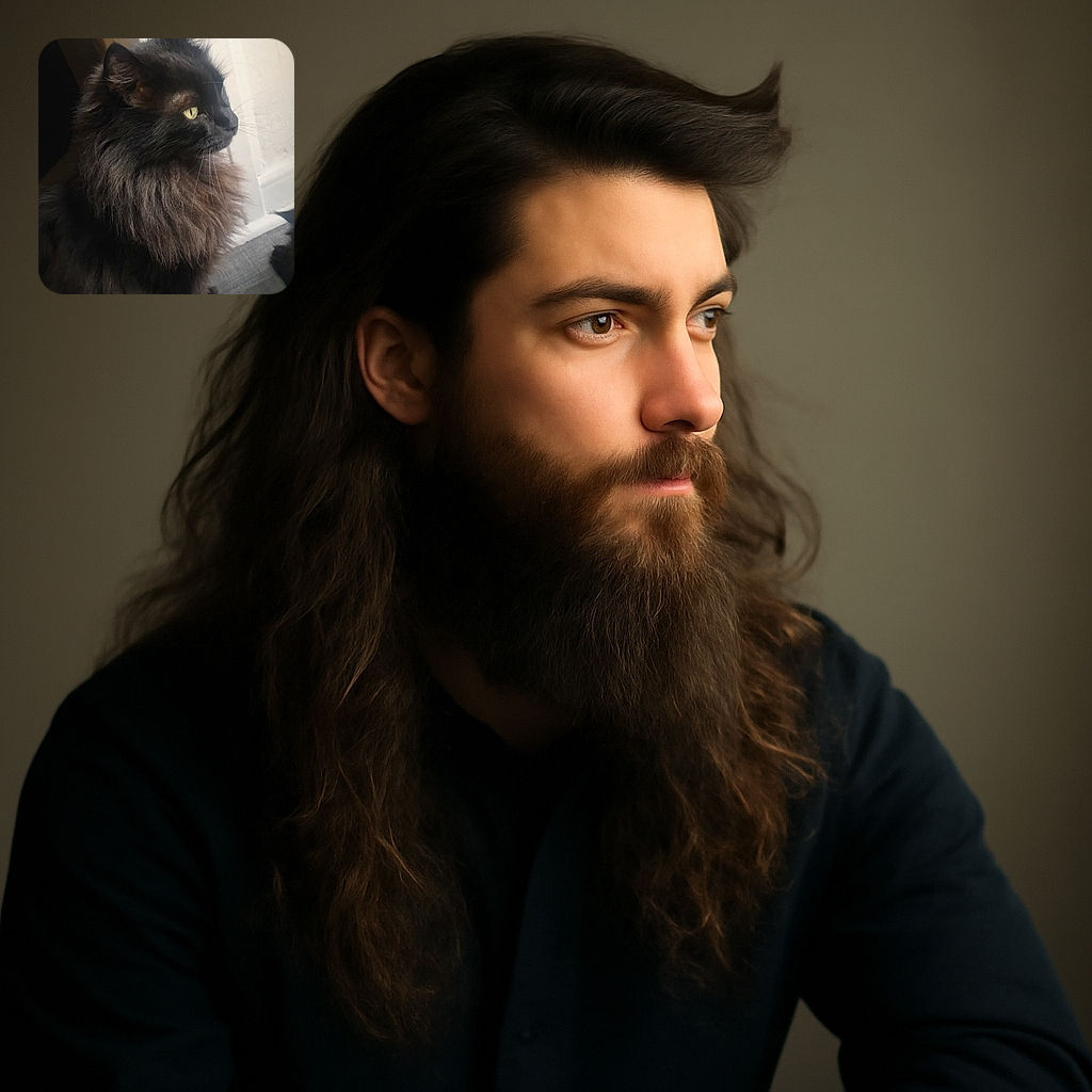 A majestic fluffy black cat named Bandit gazes thoughtfully to the side, sitting on a textured surface near a white wall. The photo has a cozy indoor vibe with soft natural lighting highlighting the cat's luxurious fur. The text overlay 'Mon amour Bandit' with a heart-eyes emoji adds a loving and personal touch.