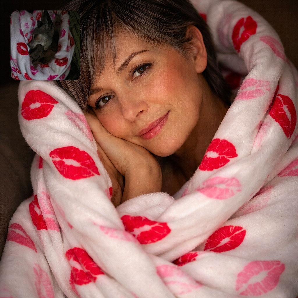 A cozy dog wrapped snugly in a blanket adorned with red and pink lip prints, peacefully sleeping in a dimly lit setting that adds a warm, intimate vibe despite the grainy quality.