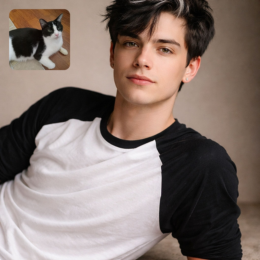 A relaxed tuxedo cat lounges on the floor giving an unimpressed, dignified stare — part model, part nap expert — with pink nose, green eyes and whiskers perfectly on display against the wood and tile.