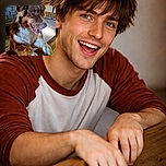 A lively brown and white dog with bright eyes and a happy expression leans over a wooden fence indoors, holding a rope toy in its mouth, looking ready for playtime in a rustic setting with stone walls and soft natural light.