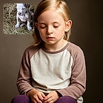 A young puppy with a white and brown coat sits thoughtfully on a bed of hay, looking down with a calm and gentle expression, surrounded by rustic farm vibes.