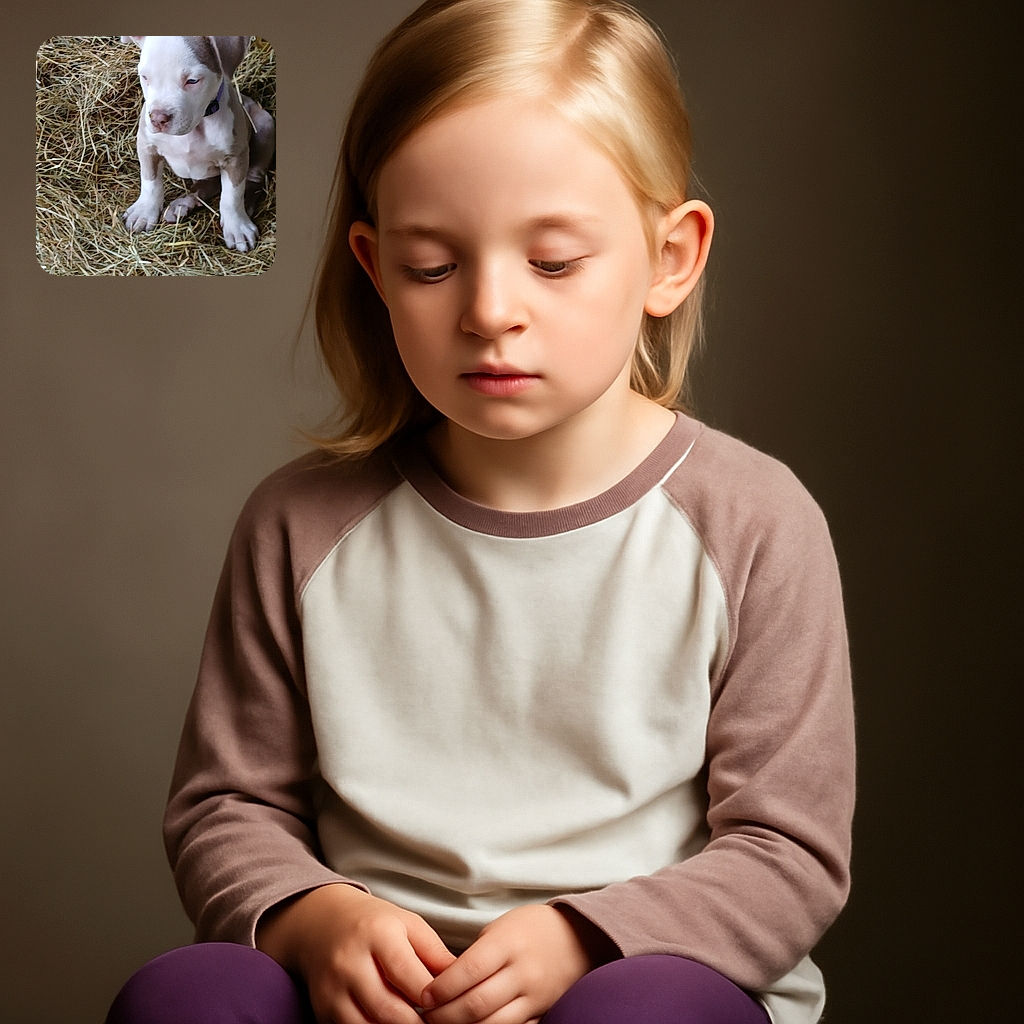 A young puppy with a white and brown coat sits thoughtfully on a bed of hay, looking down with a calm and gentle expression, surrounded by rustic farm vibes.