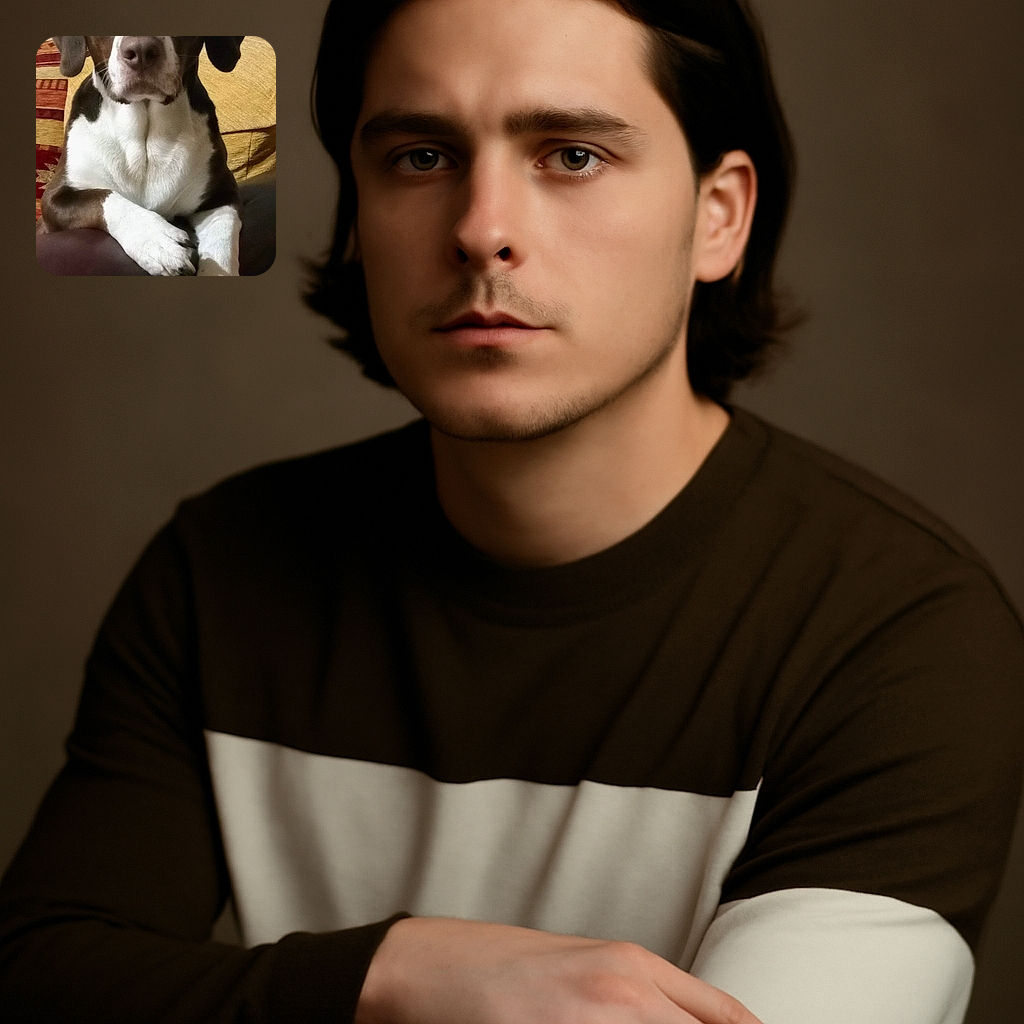 A serious-looking dog with a striking white chest and paws sits upright on a brown leather surface, posing like it owns the couch. The background shows a cozy indoor setting with curtains and a patterned cushion adding a homely vibe.