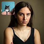 A curious gray and white cat with striking green eyes perches behind a person's shoulder, staring intently at the camera. The background is a textured blue wall with an artistic pattern, adding a stylish touch to this cozy indoor moment.