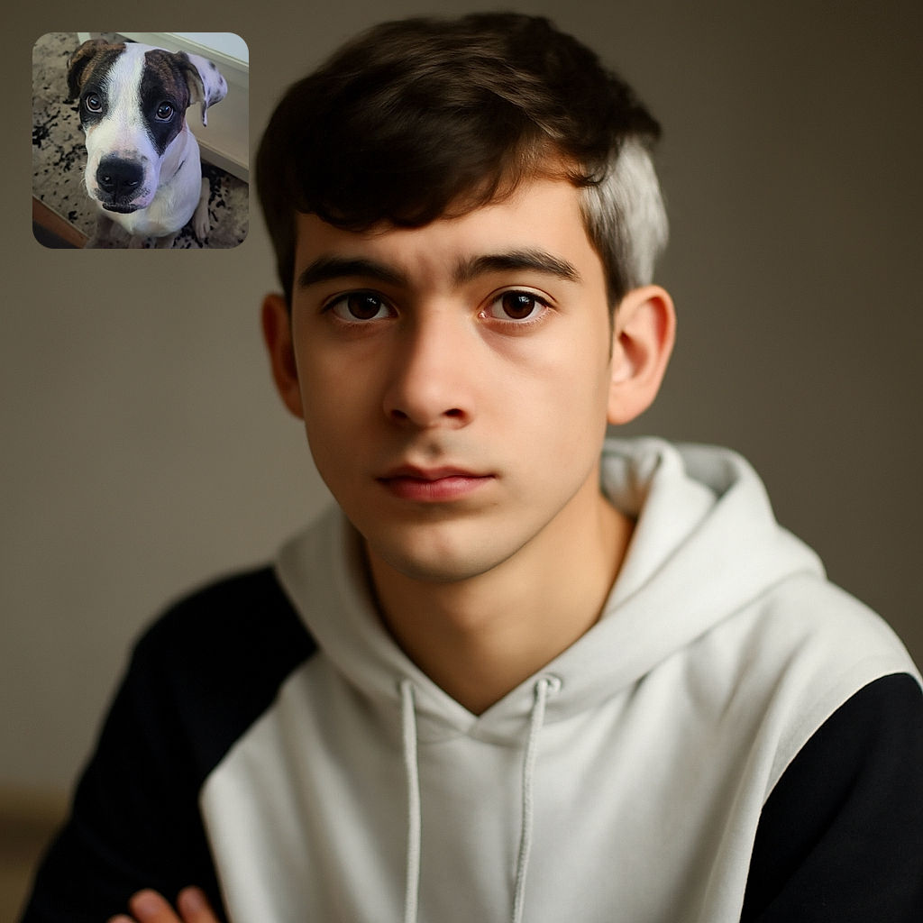 A close-up photo of an adorable dog with soulful eyes looking up, sitting on a patterned rug next to a white table with a faint stain, capturing a moment of puppy curiosity and innocence indoors.
