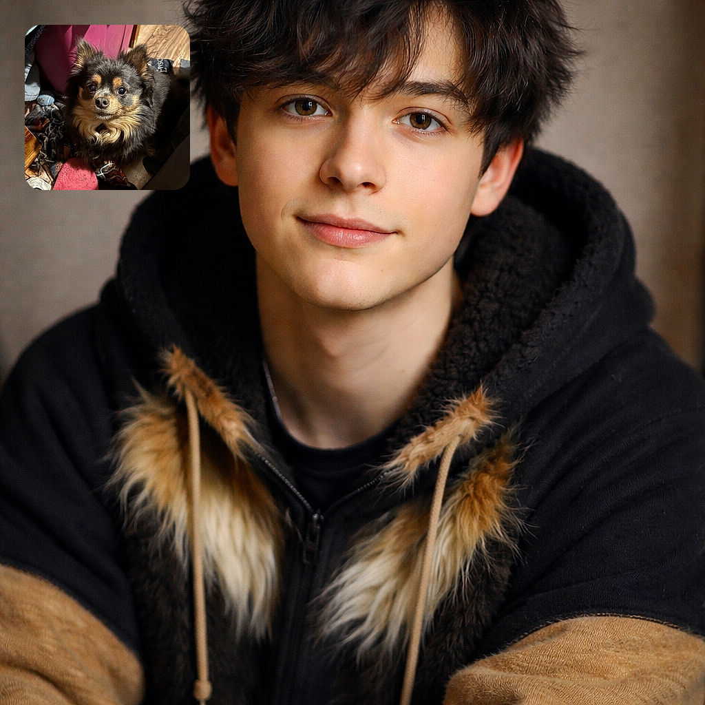 A fluffy, adorable small dog with a mix of black and tan fur gazes up with big, curious eyes surrounded by a cozy mess of blankets, a pink slipper, and a vibrant pink bin in the background, creating a warm, homey vibe.