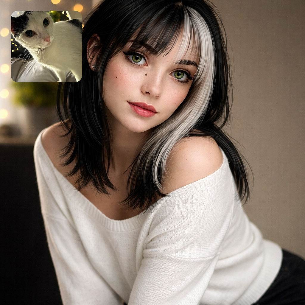 A curious tuxedo cat has commandeered the camera — giant green eyes staring down like a tiny, judgmental inspector while cozy bedding and twinkling fairy lights create a dreamy bokeh paparazzi effect.