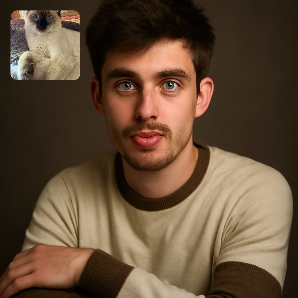 A fluffy Siamese cat lounges comfortably on a soft blanket, its bright blue eyes wide open and tongue playfully sticking out, making it look both curious and cheeky against a textured stone wall background.
