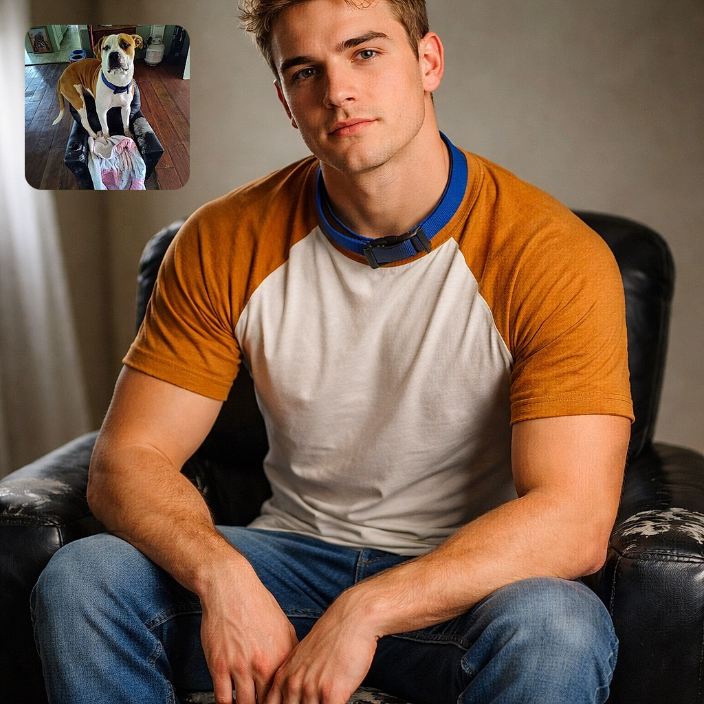 A charming dog with a blue collar stands proudly on a worn-out black chair with a cozy pink and white blanket draped over it. The wooden floor and homey background, including a spooky skull decoration and a framed dog picture, add character to this candid indoor scene.