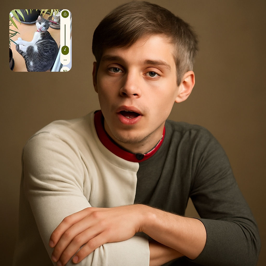 A gray and white cat with a red collar lounges on a wooden floor near some potted plants, looking back with a slightly open mouth as if caught mid-meow or mid-yawn, surrounded by a cozy indoor garden setting.