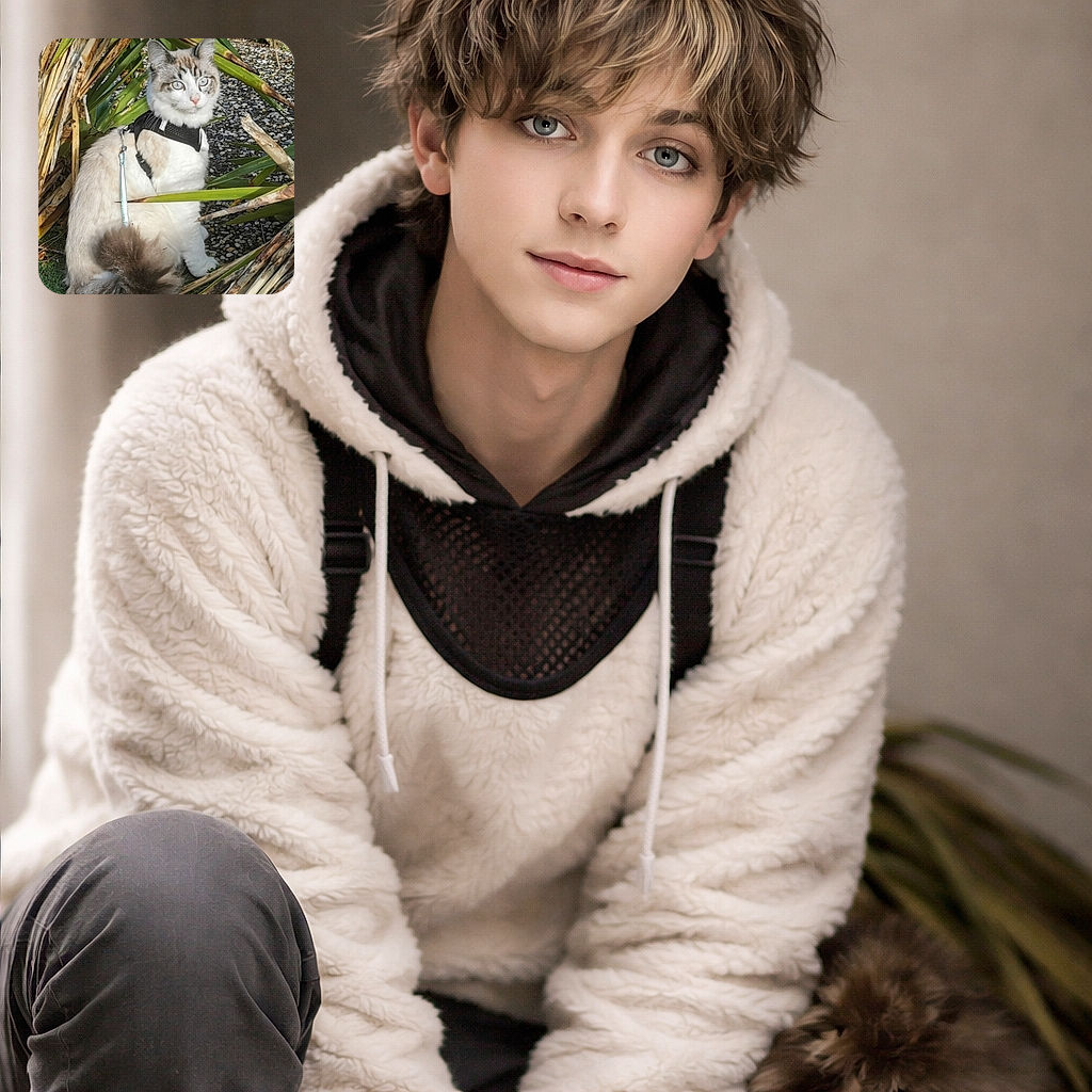 A fluffy, harnessed cat strikes an alert pose among spiky garden leaves — blue-eyed, slightly bewildered, and clearly owning the pebble-path runway while its plume tail curls like a trombone.