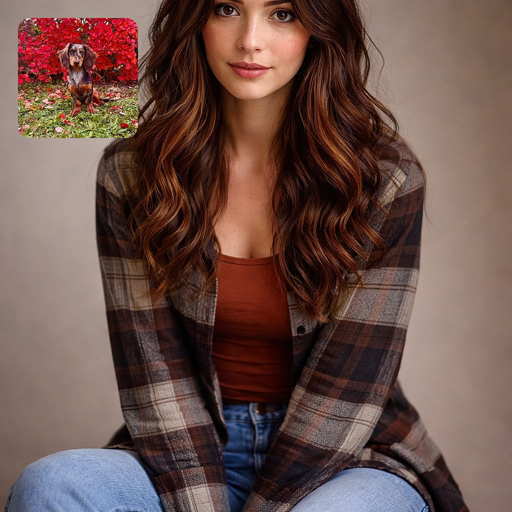 A tiny dachshund posing like an autumn supermodel in front of a dramatic wall of red leaves — ears floppy, eyes locked on treats, and looking far too dignified for such a small body. Fall has never looked more photogenic.