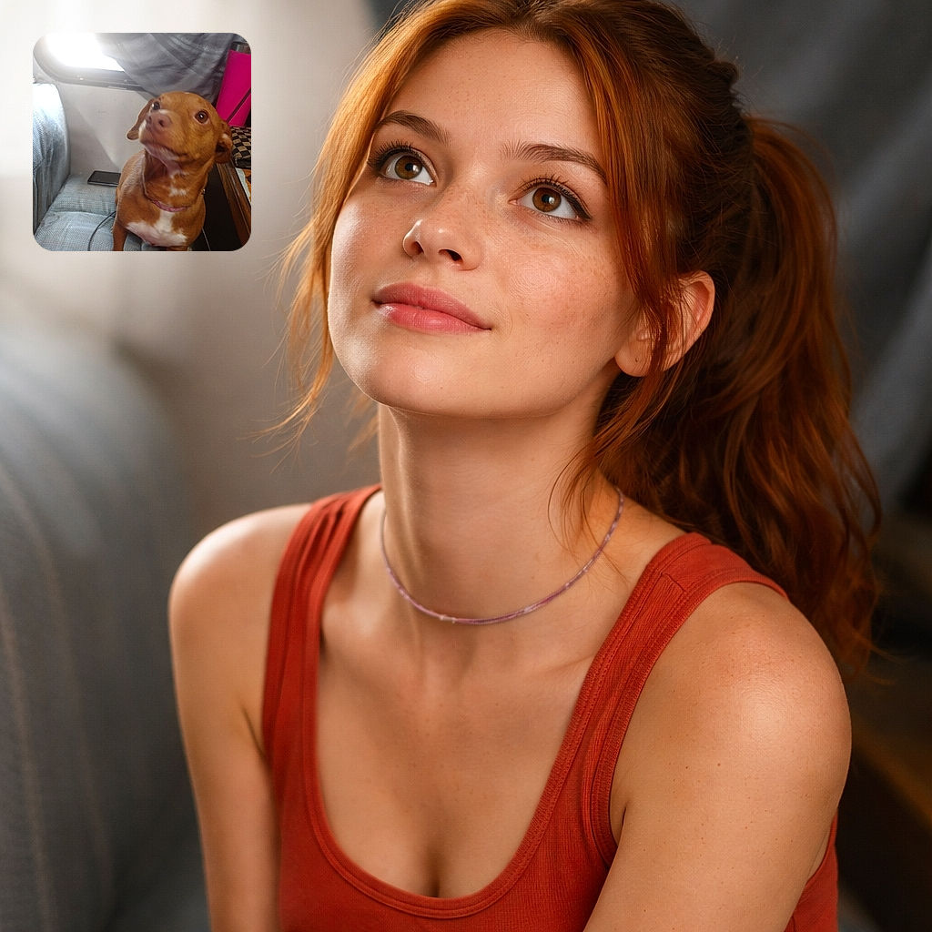 A small brown dog gives an eager side-eye as sunlight pours through a curtained window — perched on a cushioned seat with a phone and a bright pink tumbler nearby. The pup's expression is equal parts hopeful and conspiratorial, like it's plotting snack acquisition.