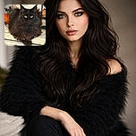 A fluffy black cat with piercing yellow eyes lounges on a white surface, surrounded by eclectic decor including a painting of camels and some green objects, creating a cozy yet slightly mysterious atmosphere.