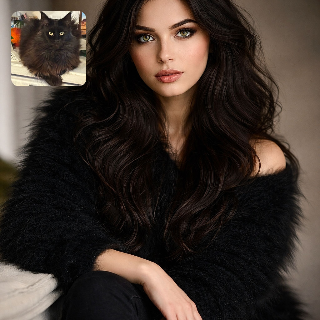 A fluffy black cat with piercing yellow eyes lounges on a white surface, surrounded by eclectic decor including a painting of camels and some green objects, creating a cozy yet slightly mysterious atmosphere.